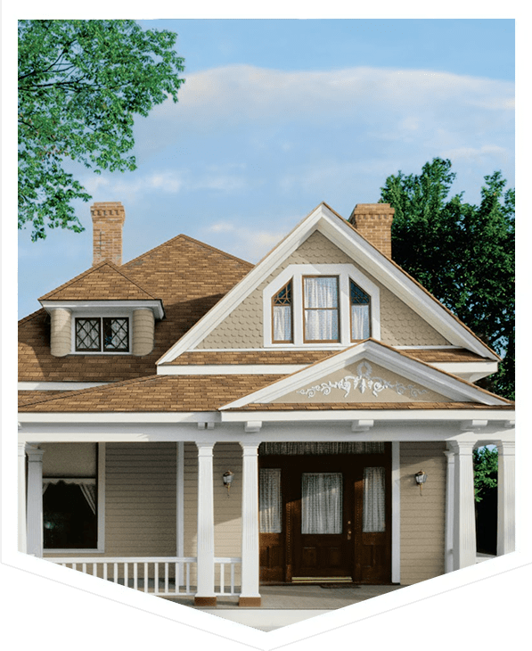 A charming two-story house with a front porch and gabled roof.