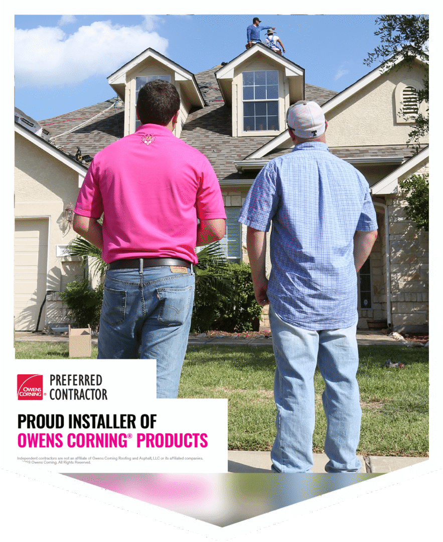 Two men in bright shirts standing outside a house.